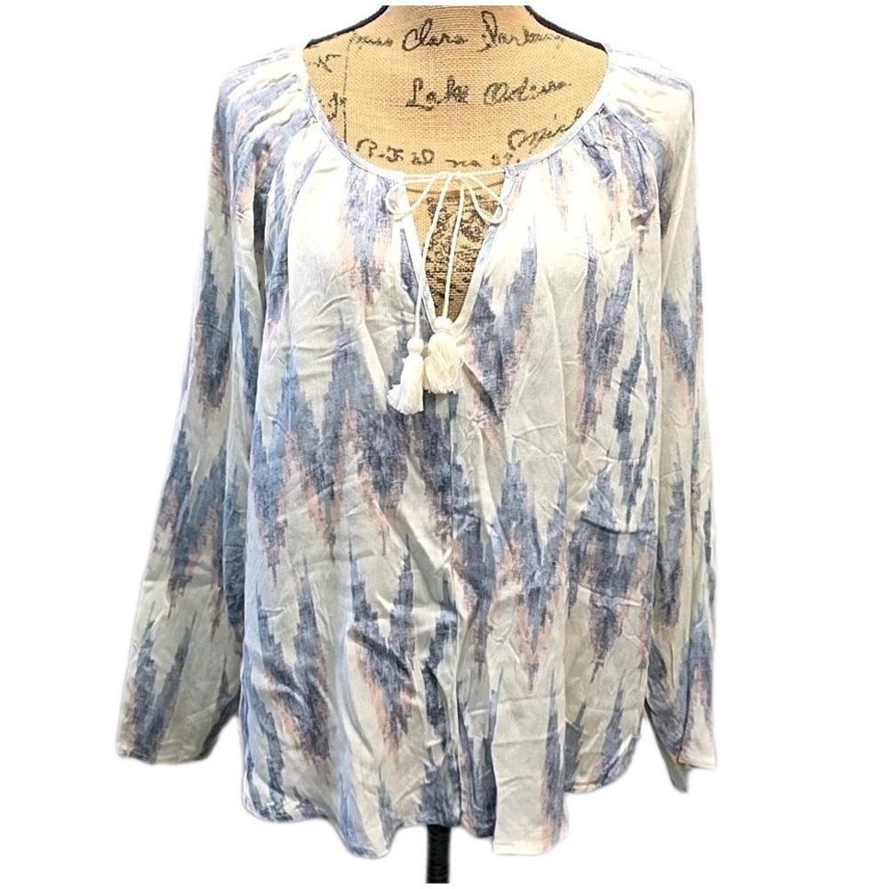 NWT Love Stitch Blue Abstract Tassel Tie Neck Blouse Boho Peasant Long Slv sz L